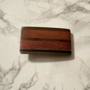 Vintage Kenneth Reid belt buckle Inlayed exotic wood and brass Signed